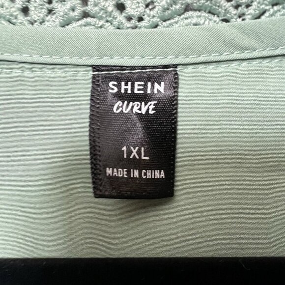 SHEIN Curve Dress 1XL Green Short Sleeve Mini Surplice Neckline‎ Boho Lace Trim - Picture 6 of 9